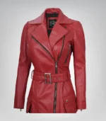 Women’s red genuine leather moto jacket with belt detail