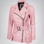 Women’s pink belted long motorcycle-style leather jacket