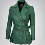 Women’s green belted motorcycle-style leather jacket