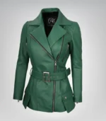Women’s green belted motorcycle-style leather jacket