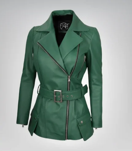 Women’s green belted motorcycle-style leather jacket