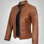 Women’s tan real lambskin leather motorcycle jacket