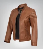 Women’s tan real lambskin leather motorcycle jacket