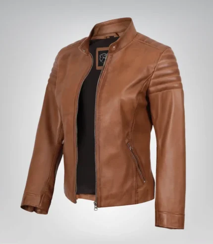 Women’s tan real lambskin leather motorcycle jacket