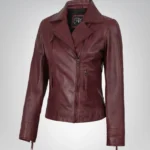 Women’s burgundy real lambskin leather motorcycle jacket