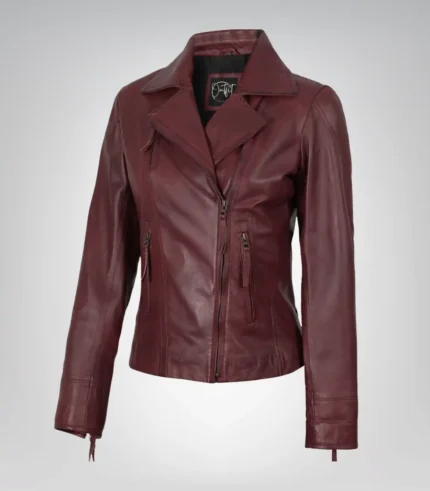 Women’s burgundy real lambskin leather motorcycle jacket