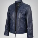 Men’s Blue Waxed Leather Biker Jacket with Quilted Shoulders