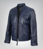 Men’s Blue Waxed Leather Biker Jacket with Quilted Shoulders