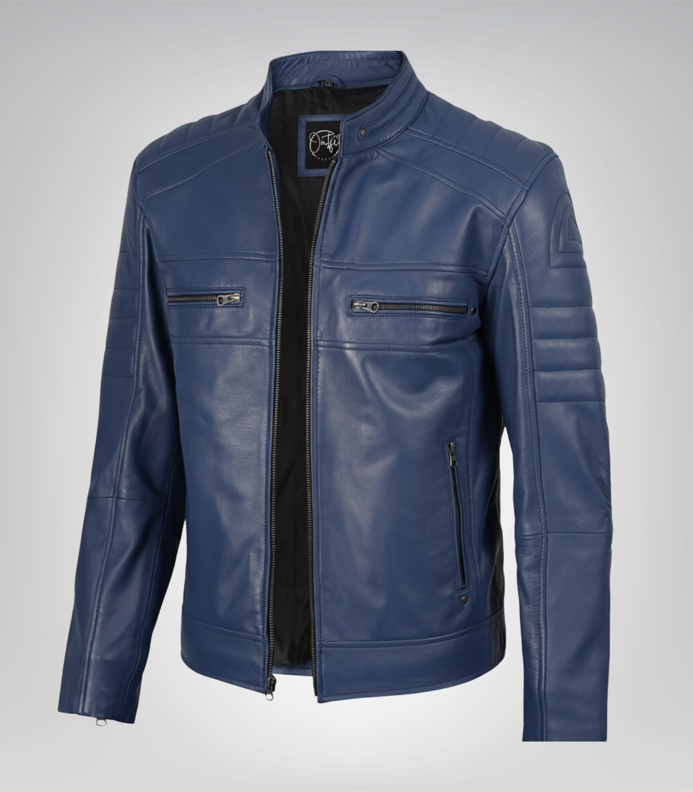 1 Men’s Blue Leather Motorcycle Jacket - Image 1