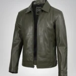 Men’s Olive Green Leather Jacket with Classic Shirt Collar