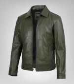 Men’s Olive Green Leather Jacket with Classic Shirt Collar