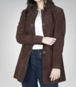 Women’s dark brown suede leather coat – timeless longline buttoned jacket