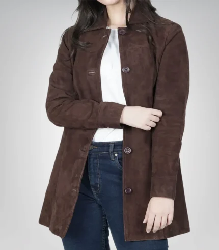 Women’s dark brown suede leather coat – timeless longline buttoned jacket