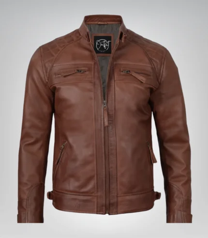 Cognac brown leather motorcycle jacket for men featuring quilted shoulders