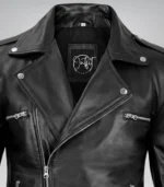 Black genuine leather biker jacket for men featuring an asymmetrical zipper and belt