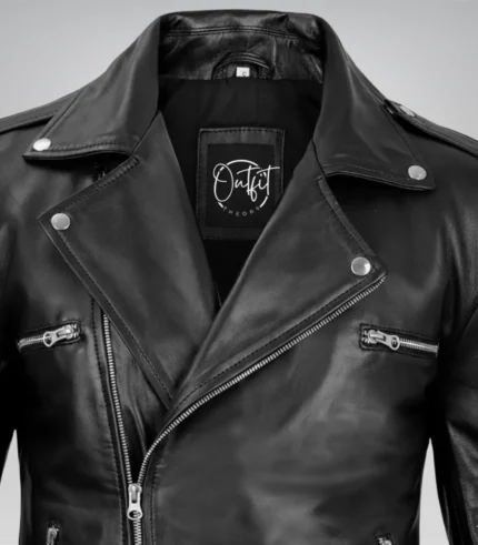 Black genuine leather biker jacket for men featuring an asymmetrical zipper and belt