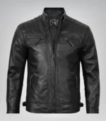 Premium black leather moto jacket for men with timeless style