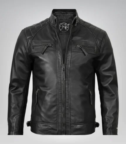 Premium black leather moto jacket for men with timeless style