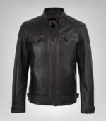 Distressed brown motorcycle jacket for men featuring quilted shoulders