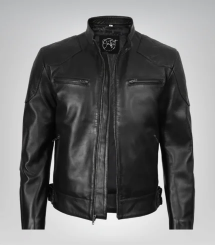 Sleek black designer motorcycle jacket for men in real leather