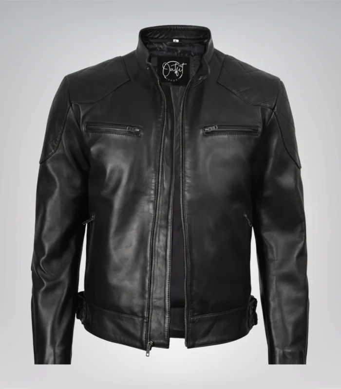 Sleek black designer motorcycle jacket for men in real leather