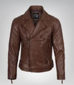 Men’s cognac leather biker jacket featuring an asymmetrical bold design