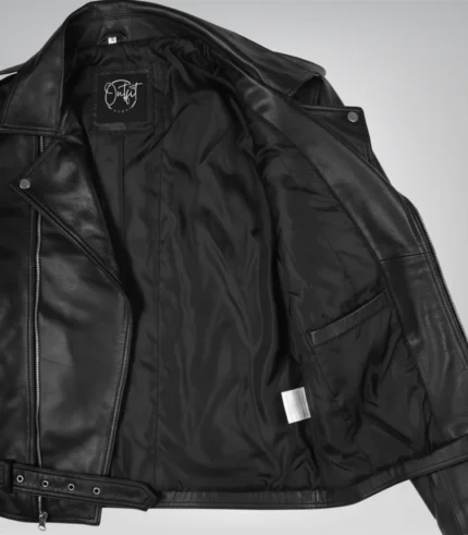 Black asymmetrical leather motorcycle jacket for men