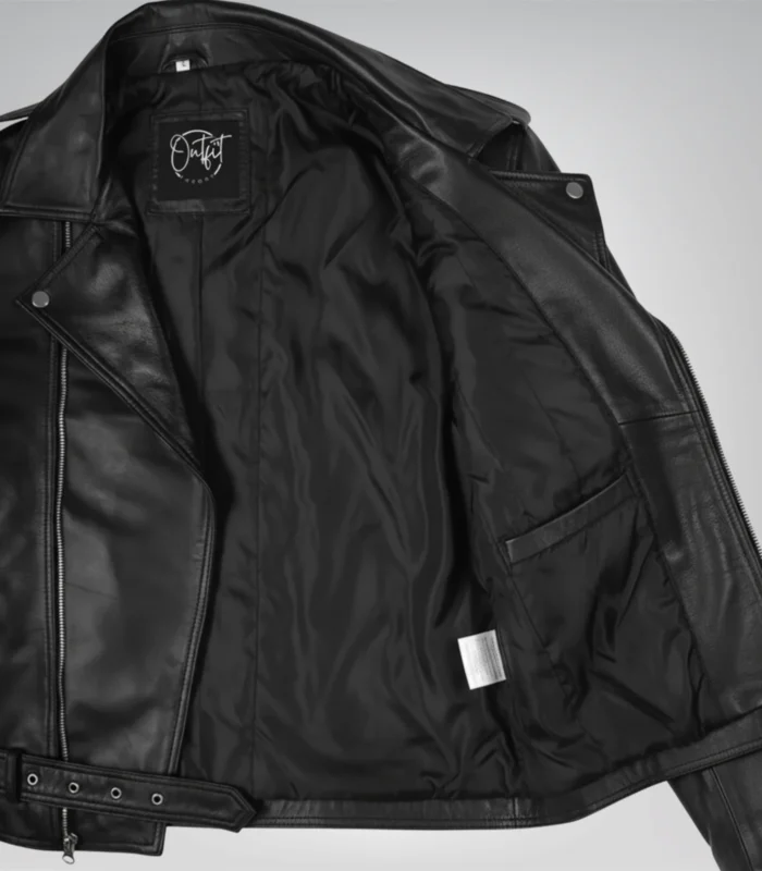 Black asymmetrical leather motorcycle jacket for men