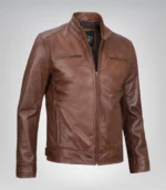 Men’s cognac brown leather biker jacket in classic style