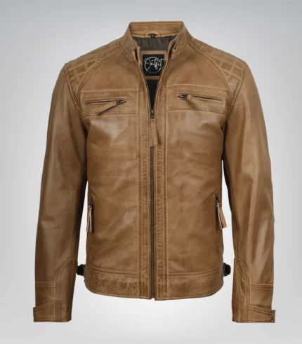 Camel brown men’s motorcycle jacket featuring quilted shoulders