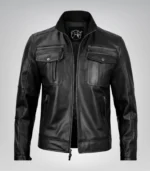 Premium leather black biker jacket for men in tailored fit