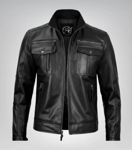 Premium leather black biker jacket for men in tailored fit