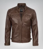 Chocolate brown men’s motorcycle leather jacket featuring quilted shoulders