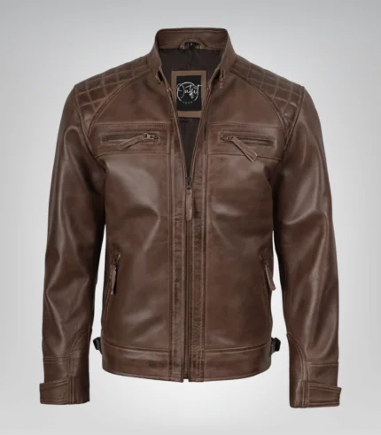 Chocolate brown men’s motorcycle leather jacket featuring quilted shoulders