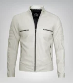 Off-white men’s leather motorcycle jacket in biker style