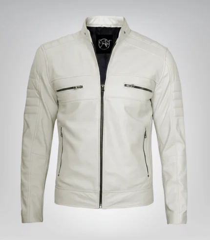 Off-white men’s leather motorcycle jacket in biker style
