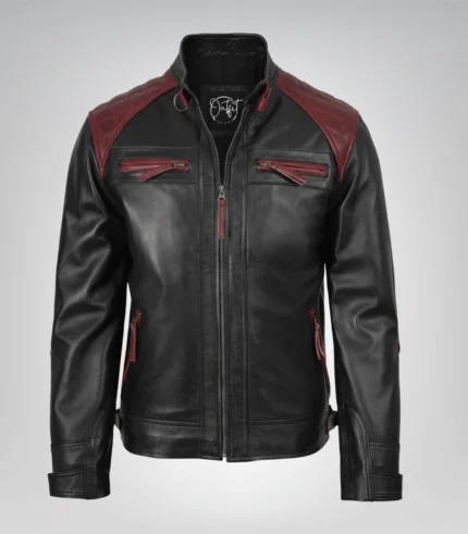 Black and maroon motorcycle leather jacket for men featuring quilted design
