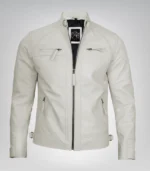 Off-white leather motorcycle jacket for men featuring quilted detailing