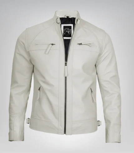 Off-white leather motorcycle jacket for men featuring quilted detailing