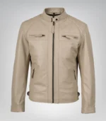 Men’s beige biker-style leather jacket featuring quilted detailing