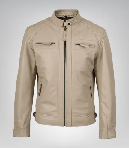 Men’s beige biker-style leather jacket featuring quilted detailing