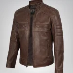 Men’s vintage distressed brown leather jacket in coffee biker moto style