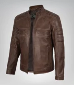 Men’s vintage distressed brown leather jacket in coffee biker moto style