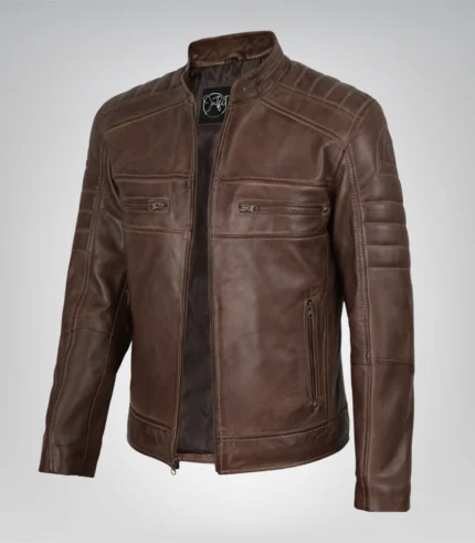 Men’s vintage distressed brown leather jacket in coffee biker moto style