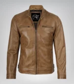 Stylish camel brown leather motorcycle jacket for men