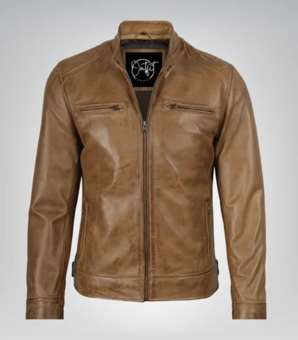 Stylish camel brown leather motorcycle jacket for men