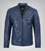 Men’s handcrafted leather biker jacket in blue