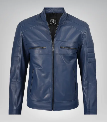 Men’s handcrafted leather biker jacket in blue