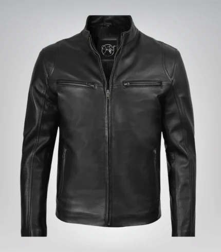 Stylish black leather biker jacket for men – classic fit