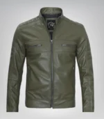 Stylish olive green leather motorcycle jacket for men